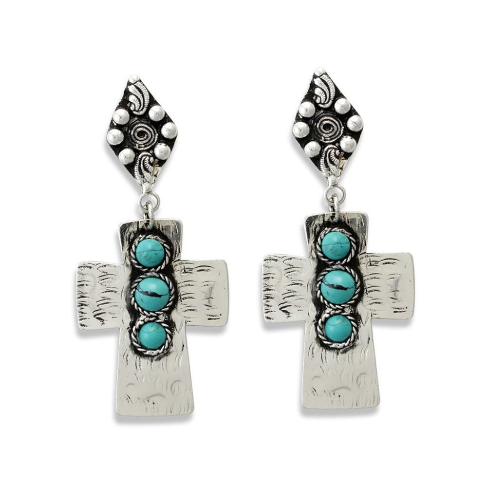 Pretty Silver and Faux Turquoise Cross earrings